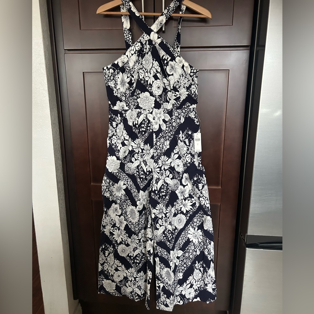 Anthropologie Floral Cross-Neck Jumpsuit - Navy and White